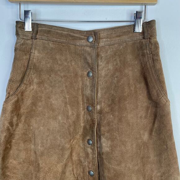 Vintage Tanner Brown Tan Suede Leather Midi A-line Snap Front Skirt Womens 8 26 - Picture 3 of 11